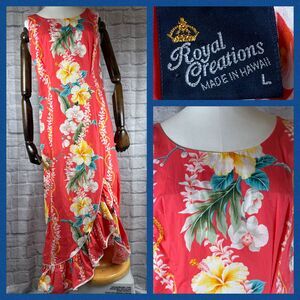 Vtg Royal Creations Hawaiian Floral Dress Women's Large Ruffled Tulip Hem ALOHA